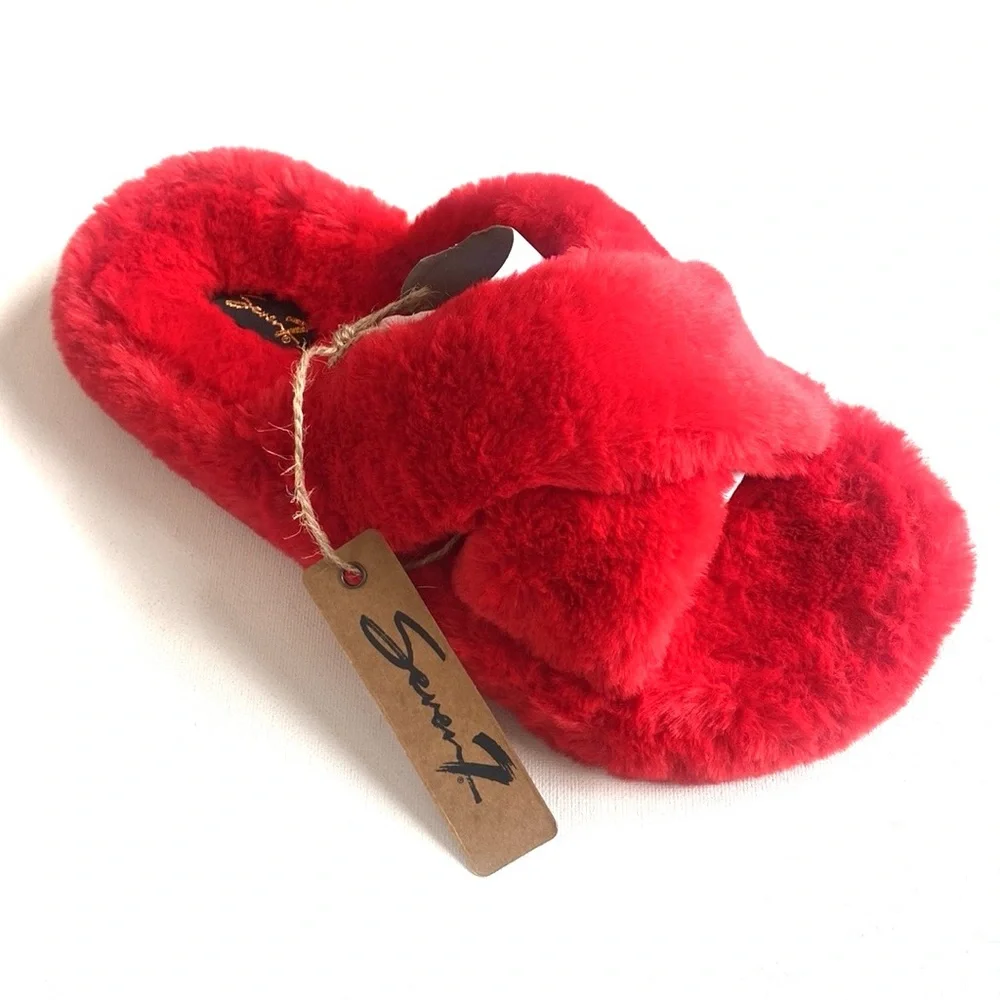 Seven7 Footwear - Kiki Faux Fur Slides Sandals - RED , Size ‎ 10, New in Box